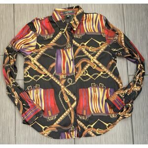 Lauren Ralph Lauren Women's Multi Equestrian Inspired Long Sleeve Shirt Large